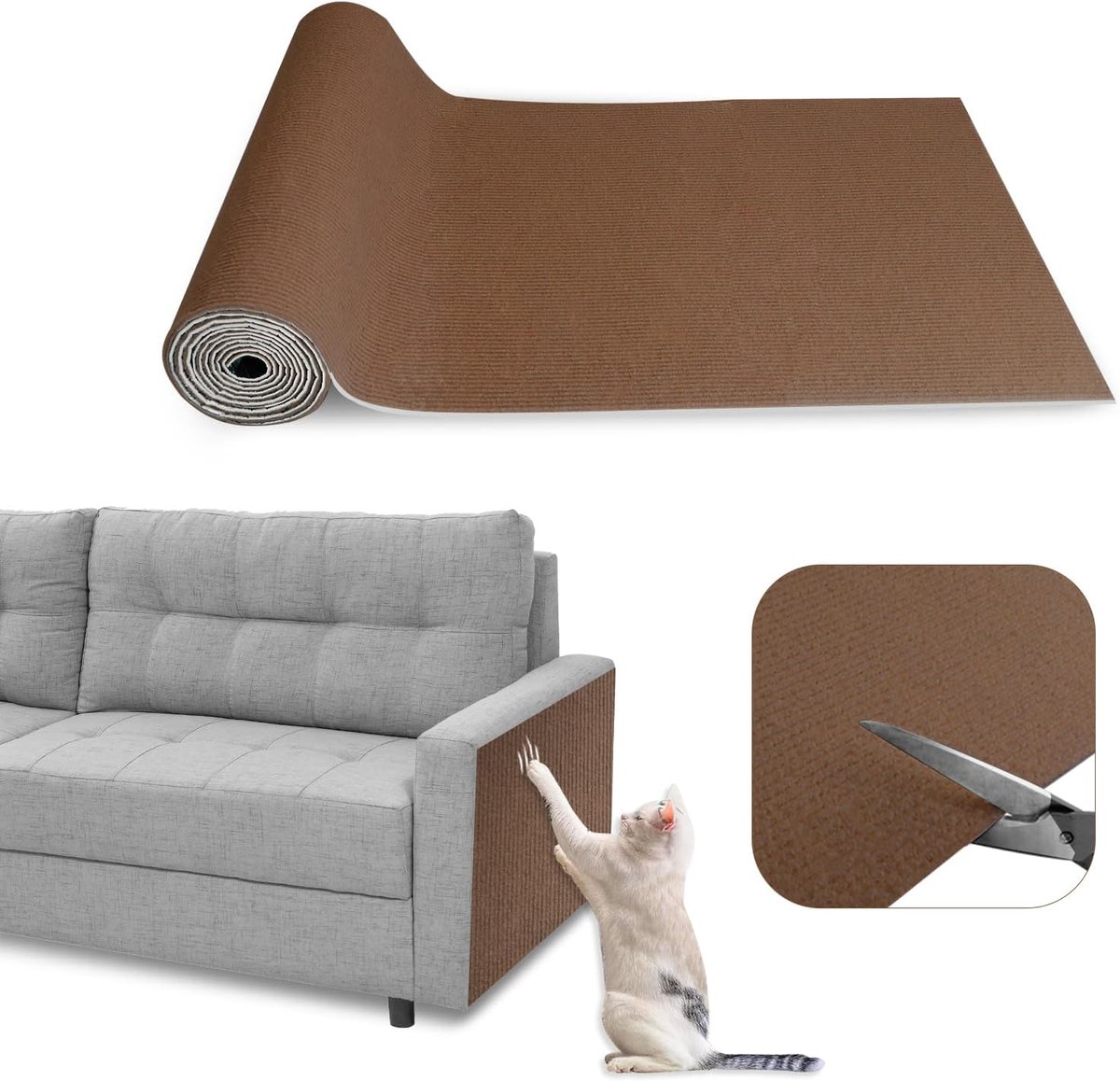 Krabmat, zelfklevend, 40 x 200 cm, krasbescherming voor bank, kat, zelfklevend, doe-het-zelf trimbare krabplank, kraswand voor het beschermen van meubels (bruin)