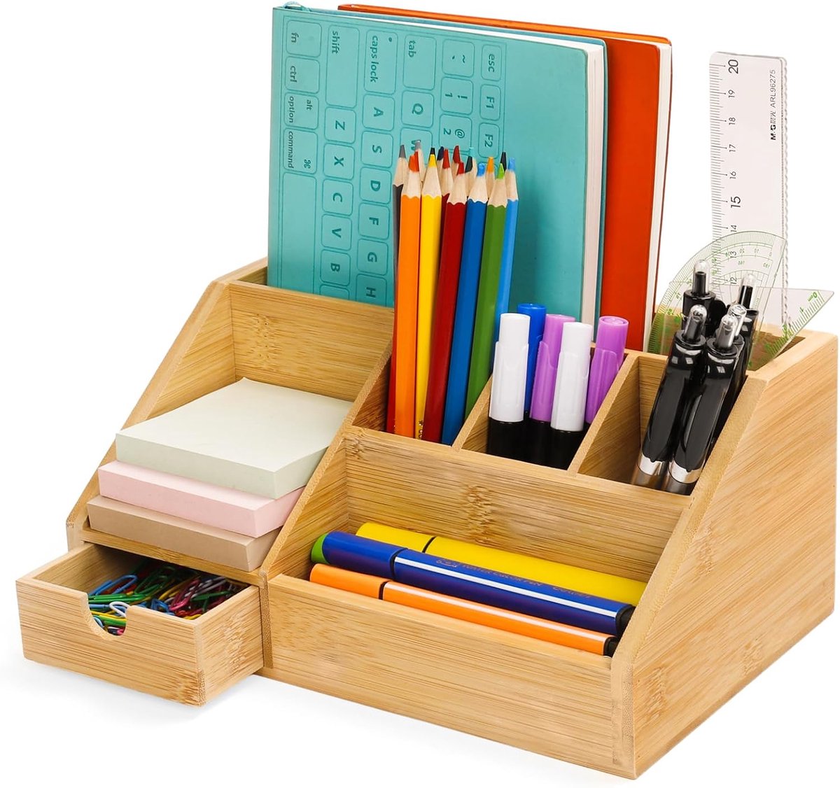 Bureau-organizer van bamboe met lade, pennendoos, bureaublad, bureau-organizer, bamboe pennenhouder voor kantoor, multifunctionele schrijfwarenopslag