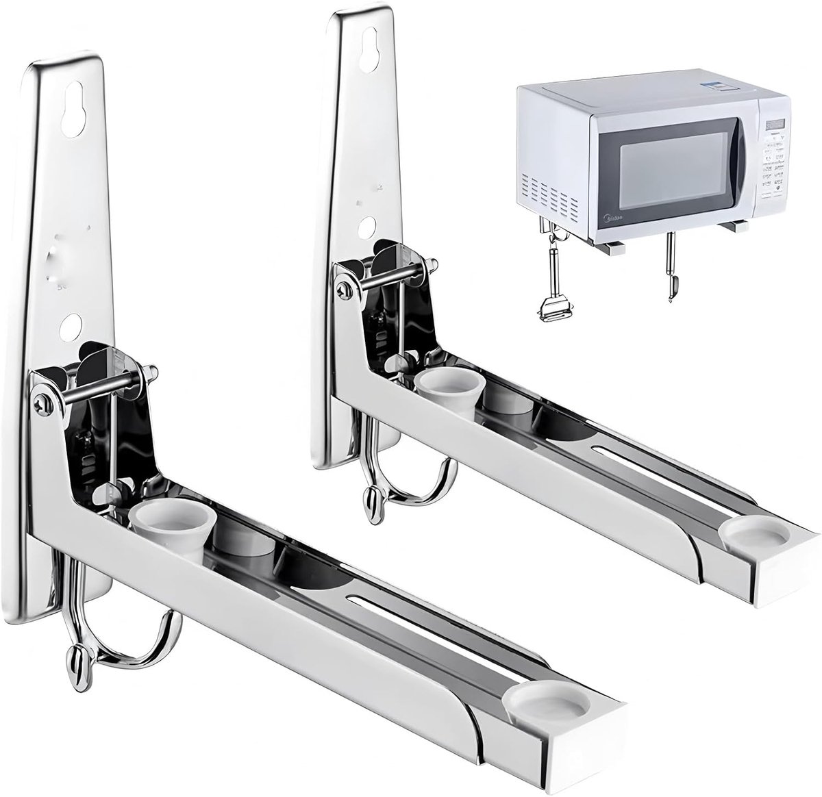 Wandhouder voor magnetron van roestvrij staal, ruimtebesparende wandmontage met dubbele haak voor keukenorganisatie (maximale belasting 50 kg)