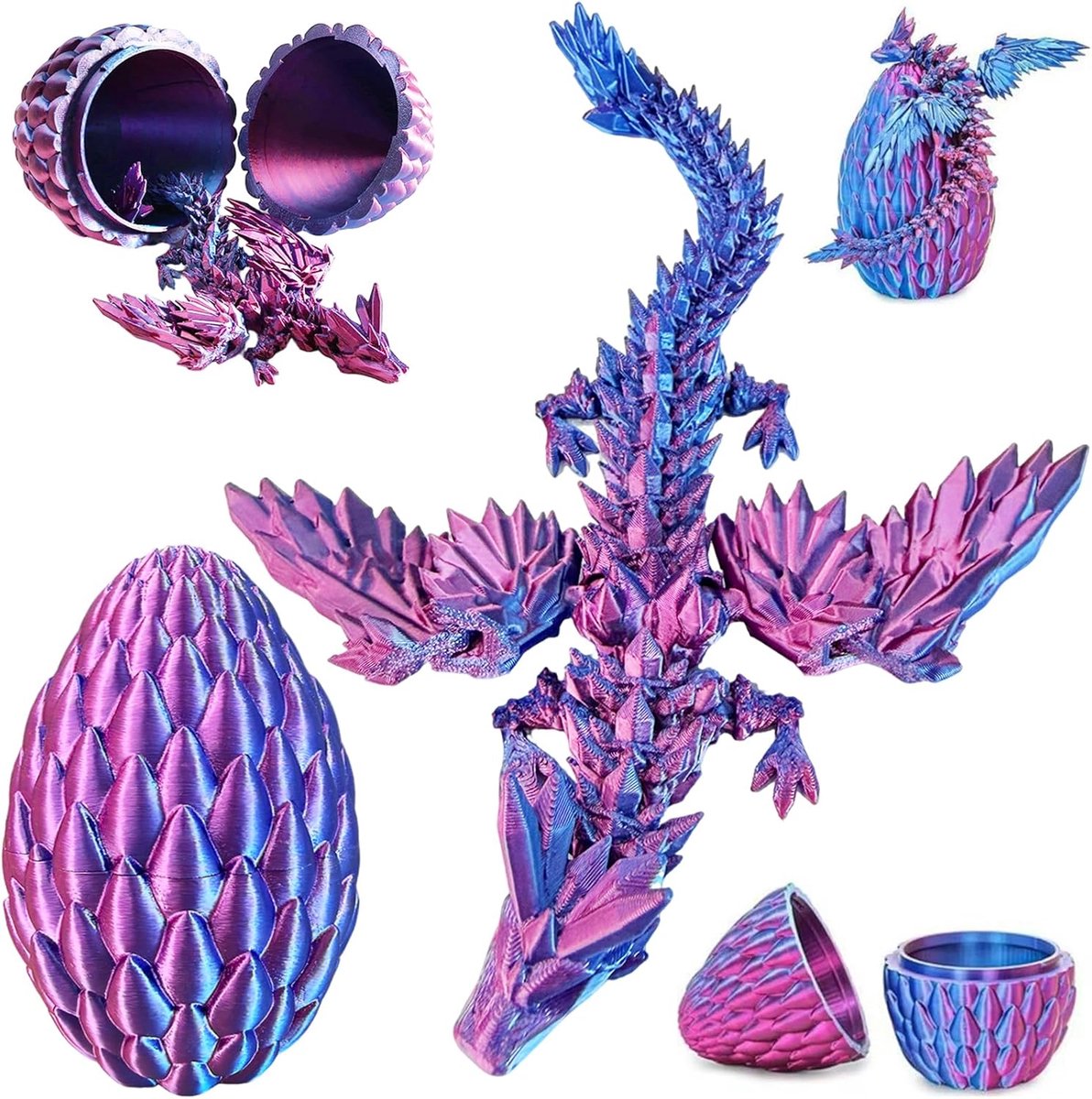 3D-bedrukt drakenei met draak, mystieke kristallen draak in vleugels, 3D-bedrukt fidget speelgoed voor kinderen, vrienden, collega's, verjaardag, Halloween, Kerstmis, Pasen (blauw paars)
