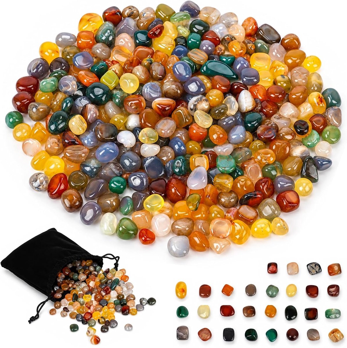 500 g, kleine trommelstenen, mix van 9-12 mm, kleurrijke mix en natuurlijke halfedelstenen in zakje, helende stenen, set voor decoratie, knutselen, vazen, aquarium, fontein