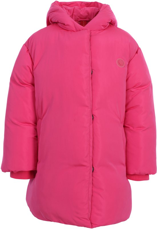 Roze winterjas met capuchon en rode manchetten, voorkant.