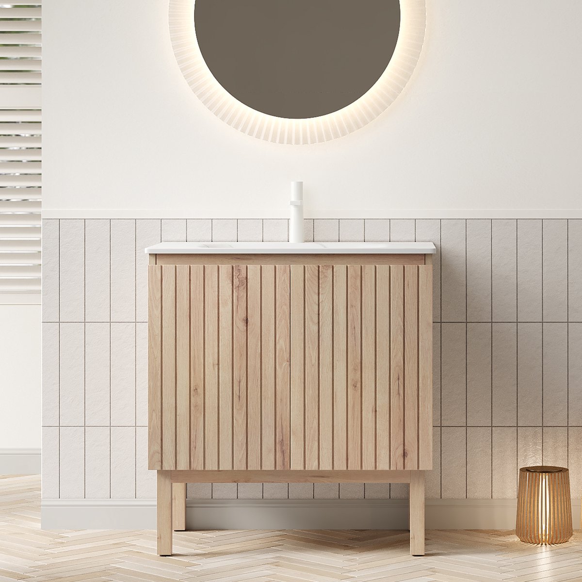 Vrijstaand badkamermeubel met wastafel - Opbergkast met verstelbare plank - 80 cm - Wit eiken & Carrara wit - Naadloos gesinterd stenen wasbekken - Soft-close deuren met streepdesign