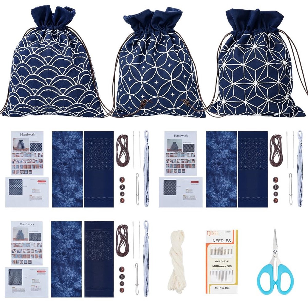 SolidKeus - Set van 3 Sashiko Borduurzakjes voor DIY Projecten