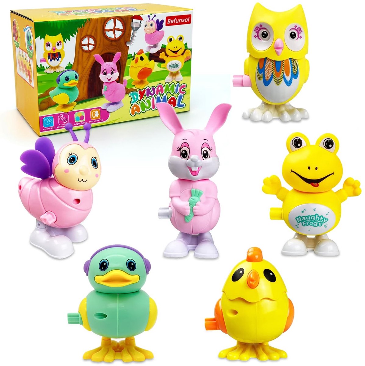 SolidKeus - 6-Pack Opwindspeelgoed voor Kinderen met Dierenthema