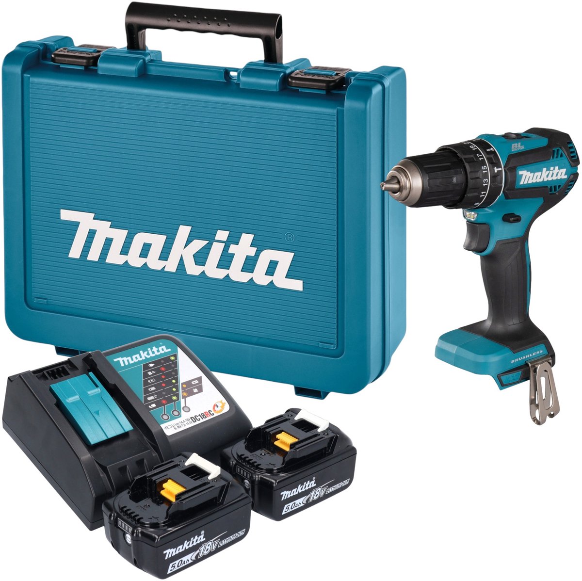 Makita DHP 485 RTE accu-slagboormachine 18 V 50 Nm borstelloos + 2x accu 5,0 Ah + oplader + koffer