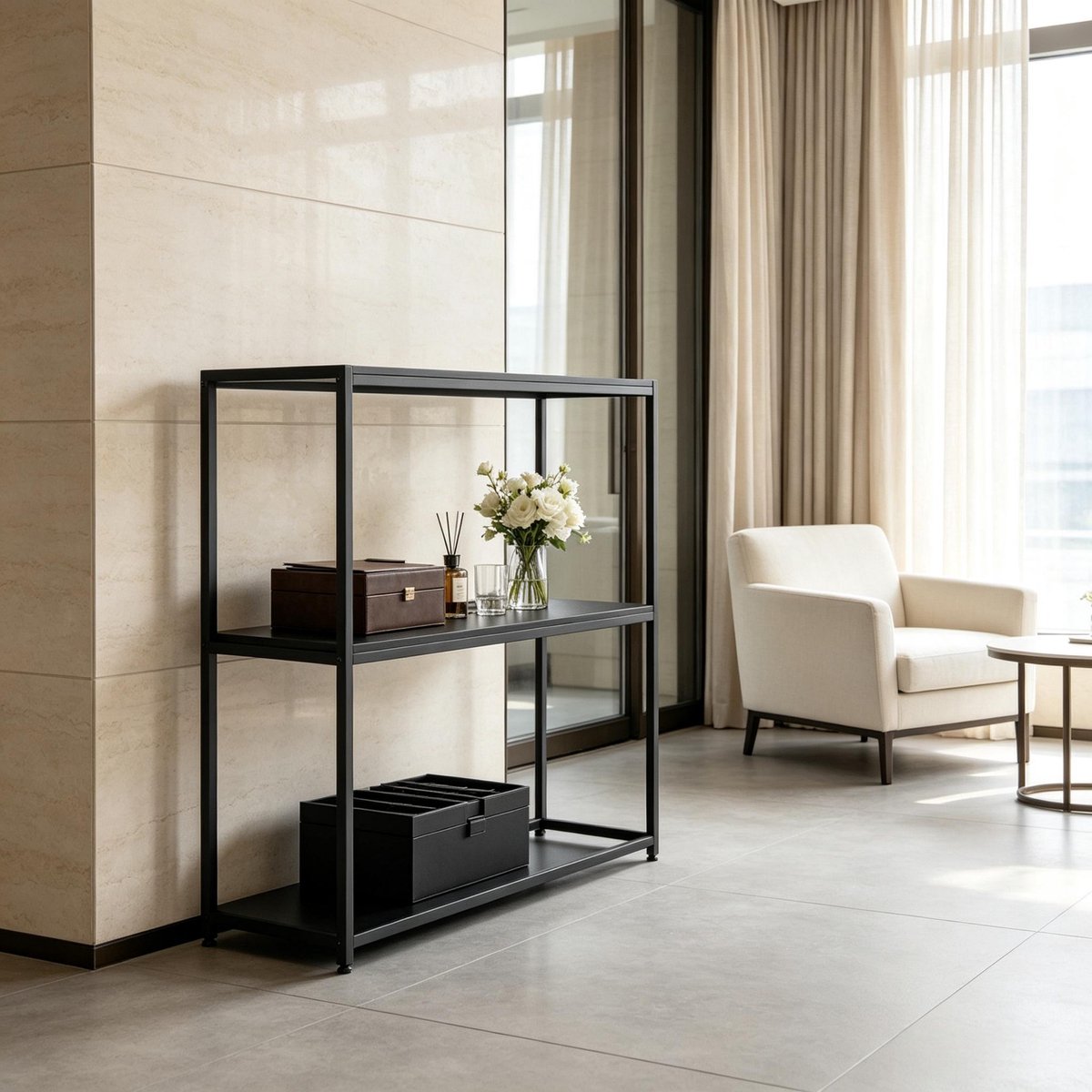 COVREO Sidetable 100x30x87 cm zwart, staal en spaanplaat, voor hal