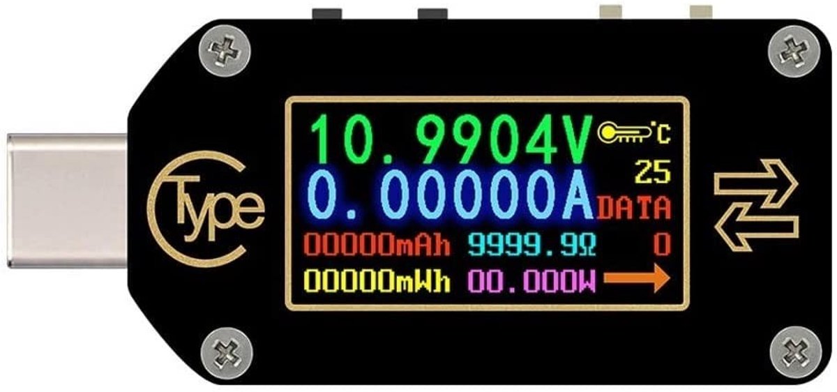 USB Voltage Ampèremeter Capaciteit Meter - Zwart - 49 x 22 x 8 mm - Met LCD Kleurenscherm en PD-functie - Voor Opladen en Batterijmeting