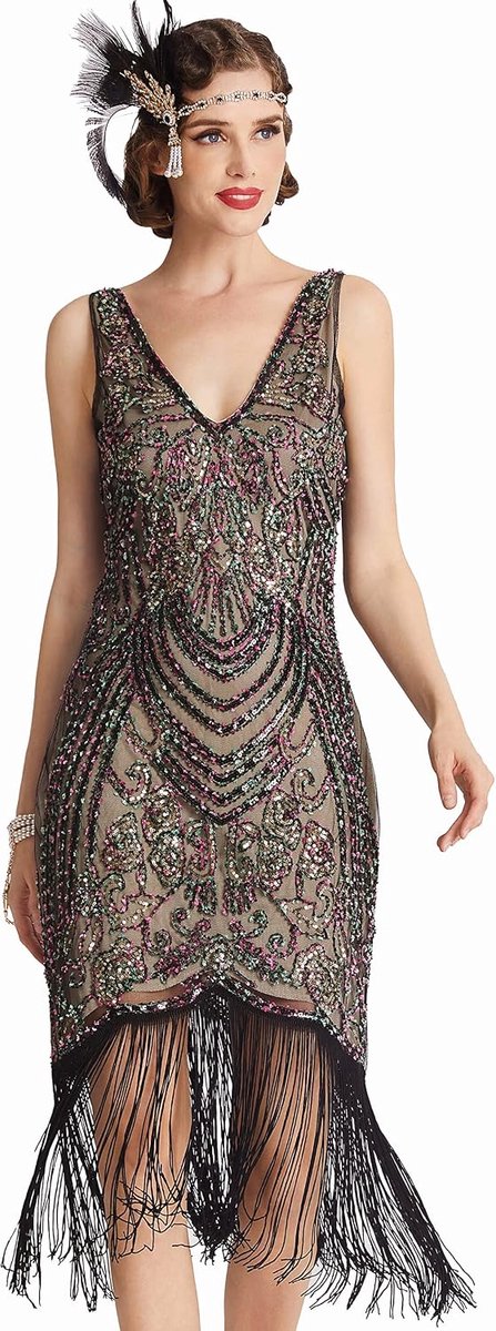 Flapper Jurken 1920s V-hals Kralen Omzoomd Great Gatsby Jurk (Zwarte Abrikoos, S), Zwarte Abrikoos, Klein