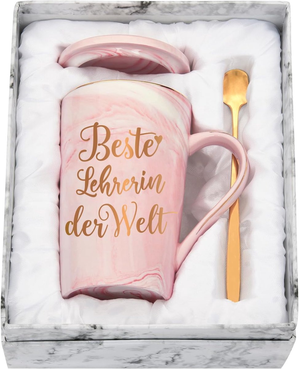 Geschenk, Afscheidsgeschenk Lerares, Geschenk Lerares Kerstmis, Beste Lerares ter Wereld Koffiekop, 400ML Keramische Marmerbeker met Deksel, Lepel en Geschenkdoos, Roze