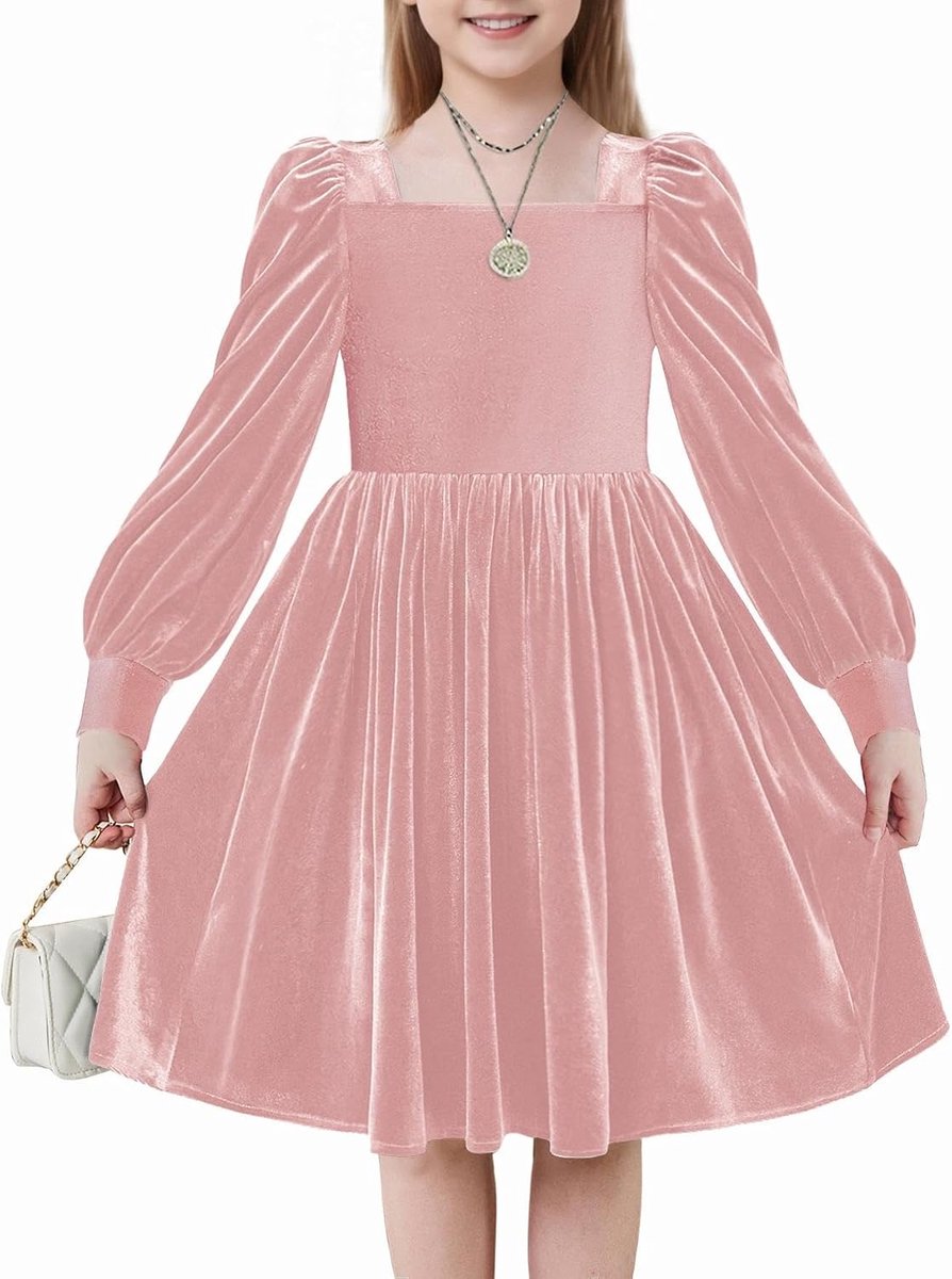 Fluwelen jurk voor meisjes, winter, elegante feestjurken met vierkante hals, lantaarnmouwen, casual jurk met lange mouwen voor kinderen van 6-14 jaar