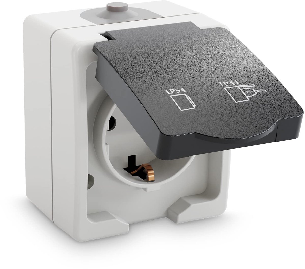Greate Opbouwstopcontact, 1-voudig voor vochtige ruimtes, AP-stopcontact met klapdeksel, IP54, 250 V, 16 A, 2-polig, opbouwcontactdoos, opbouwstopcontact voor buiten, 1 voudig