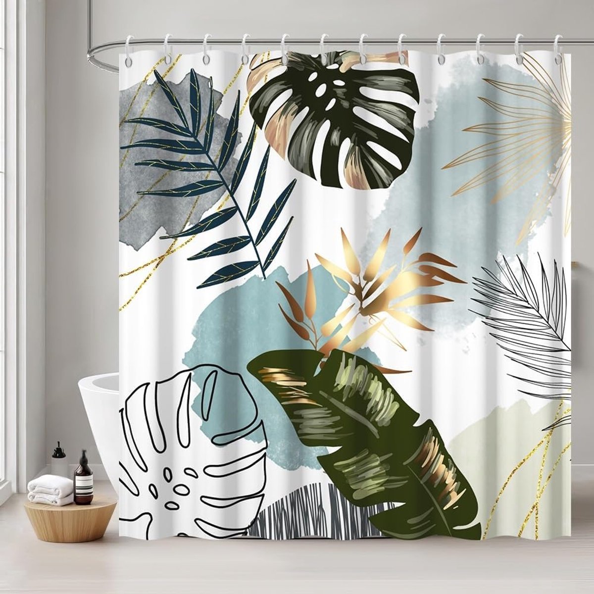 Douchegordijn, 180 x 200 cm, schimmelwerend, boho-stijl, tropisch, groen, palmbladeren, jungle, douchegordijnen, stof, wasbaar, waterdicht, polyester, badgordijn met 12 haken, voor badkamer