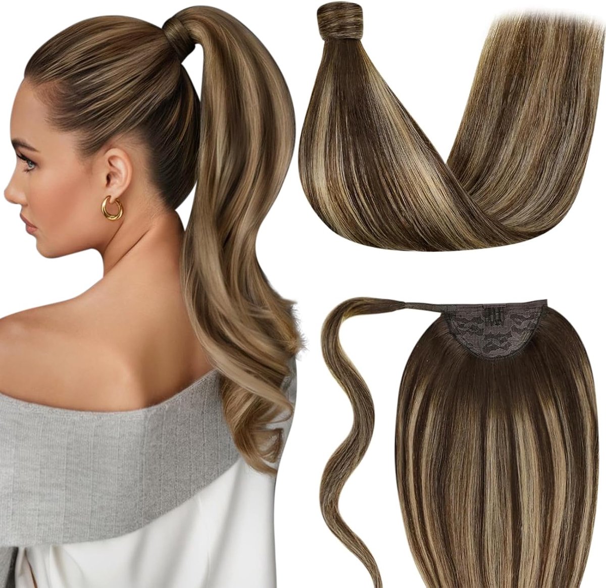 Braid Extensions Menselijk Haar Bruin Balayage Paardenstaart Extensions Donkerbruin Ombre Honing Blond Haar Extensions Vlecht Remy 35cm 70g #4/27/4