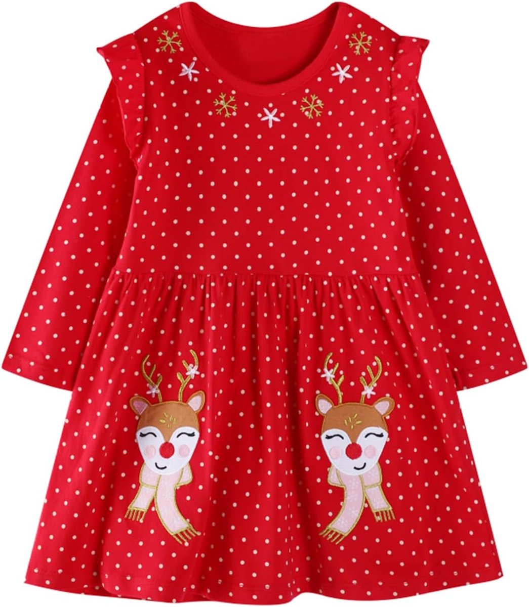 Jurken Voor Meisjes Katoenen Lange/Vliegende Mouwen Herfstjurk Zomerjurk Eenhoorn Bloemen Vlinders Aardbei Borduurwerk Kinderjurken Polka Dot Meisjes Jurk Verjaardag Kinderkleding, Maat 90-140
