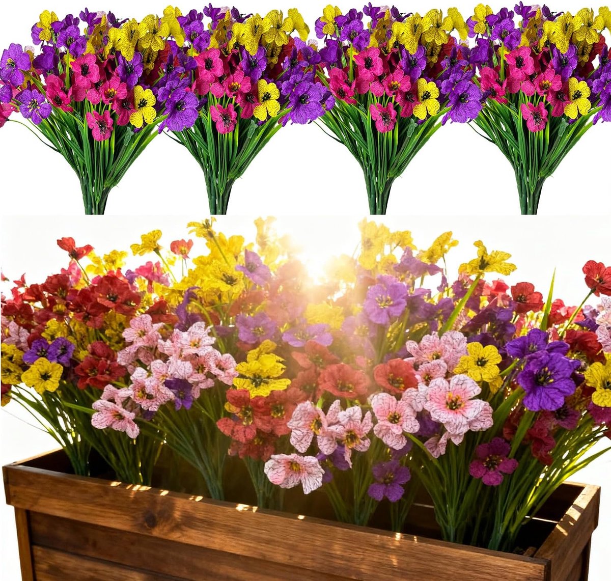 Kunstbloemen voor buiten, 5 kleuren vervagen niet nep plastic faux zijden bloemen UV-bestendig groen struiken planten voor binnen buiten tuin veranda opknoping plantenbakken