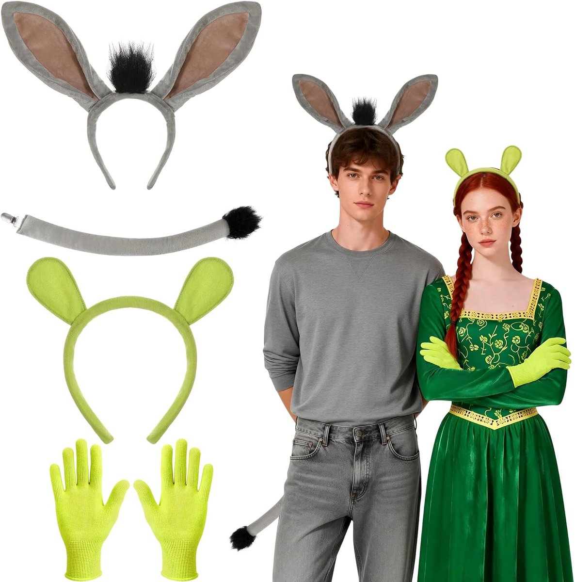 4 PCS Monster Ogre Ezel Verkleedpak voor Volwassenen, Ezel Hoofdband met Oogklep, Ezel Oorband, Ezel Staart, Oger Oorband, Groene Handschoenen, Ezel Kostuum voor Dieren voor Cosplay Halloween Carnaval