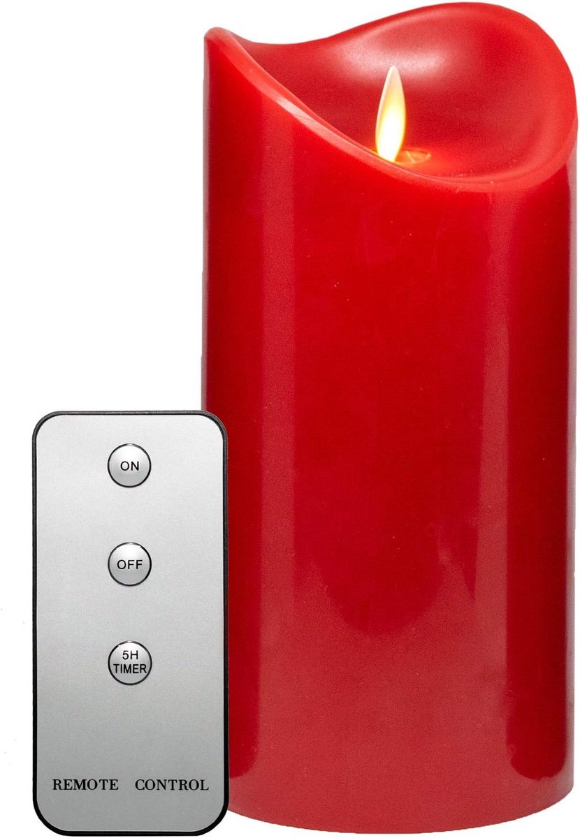 Ø9x19 cm LED Kaars met Timer en Afstandsbediening - Brandduur 1000 Uur - vlamlose Waskaars beweegbare Kaarsvlam - Batterijvoeding Rood