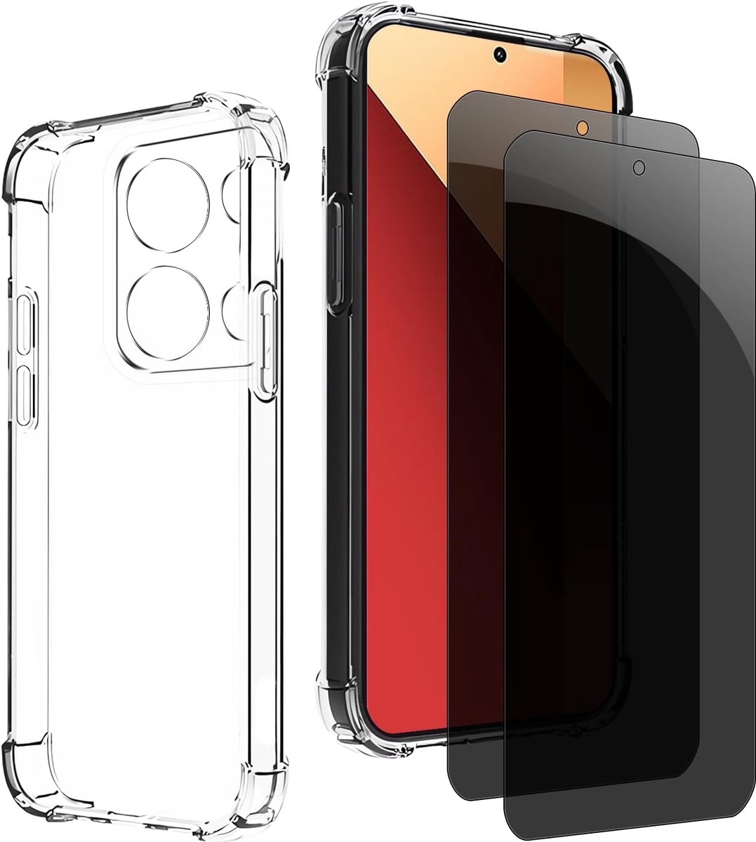 Inkijkbescherming voor Redmi Note 13 pro 4g/Xiaomi Poco m6 pro 4G, 1 TPU-hoes met 2 stuks pantserglas, 9H glas, anti-spy folie, transparante siliconen beschermhoes, anti-geel