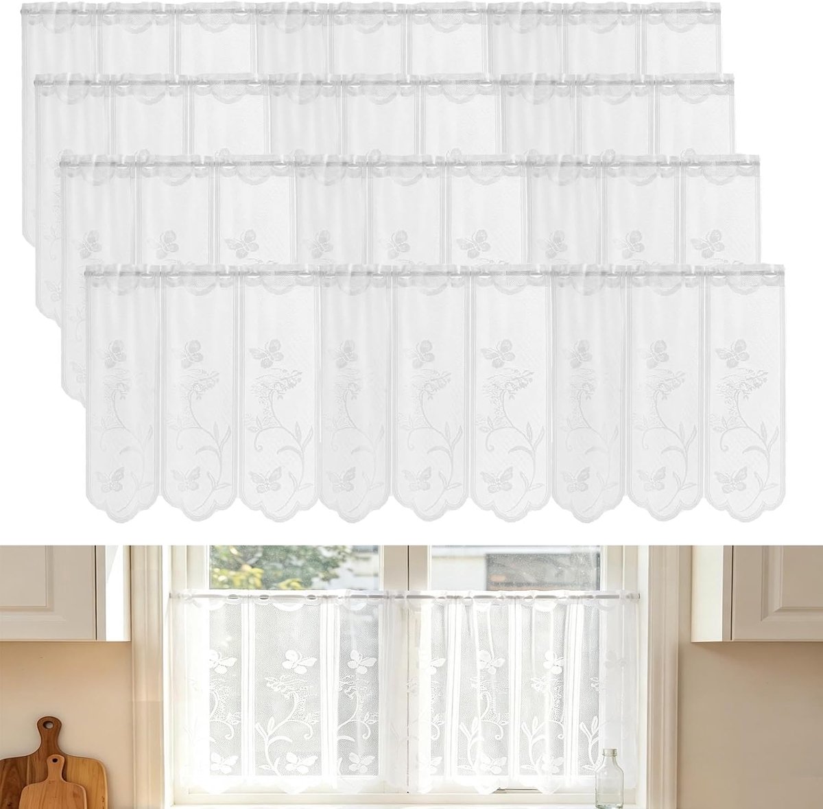 4 stuks, 140 x 47 cm, bloemenborduurwerk, semi-transparant, korte gordijnen, jacquardgordijn met vlinder, voor woonkamer, keuken, restaurant, wit