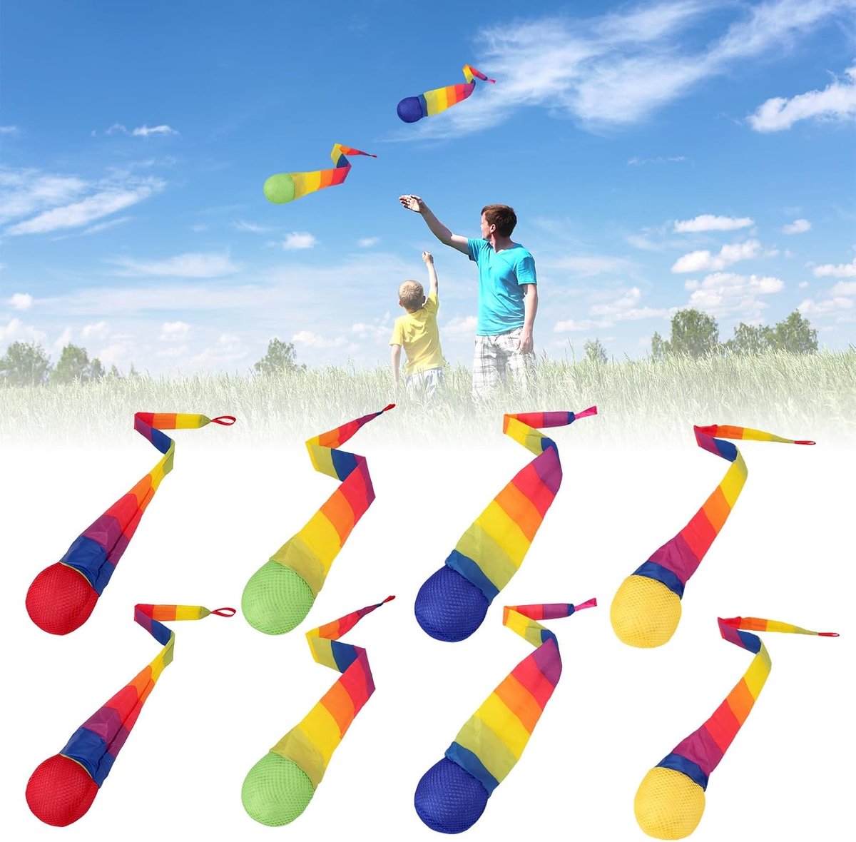 8 Stuks 66cm Gooi en Vang Ballen met Regenboogstaart, Leuke Sport Komeetballen Speelplaats Gooi Vang Speelgoed voor Buiten Achtertuin Strand Kamperen Kinderen Huisdier Spel (Kleurrijk)