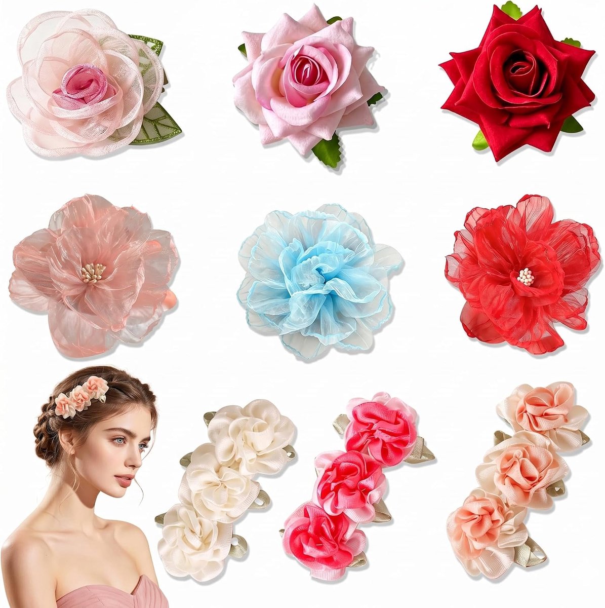 9 Stuks Haarspeld Bloem Set, Gemengde Kleuren Bloem Haarspelden met Camelia’s en Rozen, Bloemen Haarclip in 3 Designs met Netstofdecoratie voor Dagelijks Dragen en Feesten