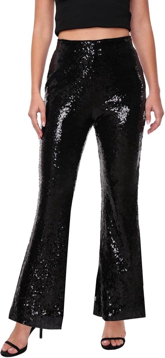 Glitterbroek voor dames, pailletten, hoge taille, wijde pijpen, paillettenbroek, jaren 70, 80, disco, rave broek, festival, club, outfit