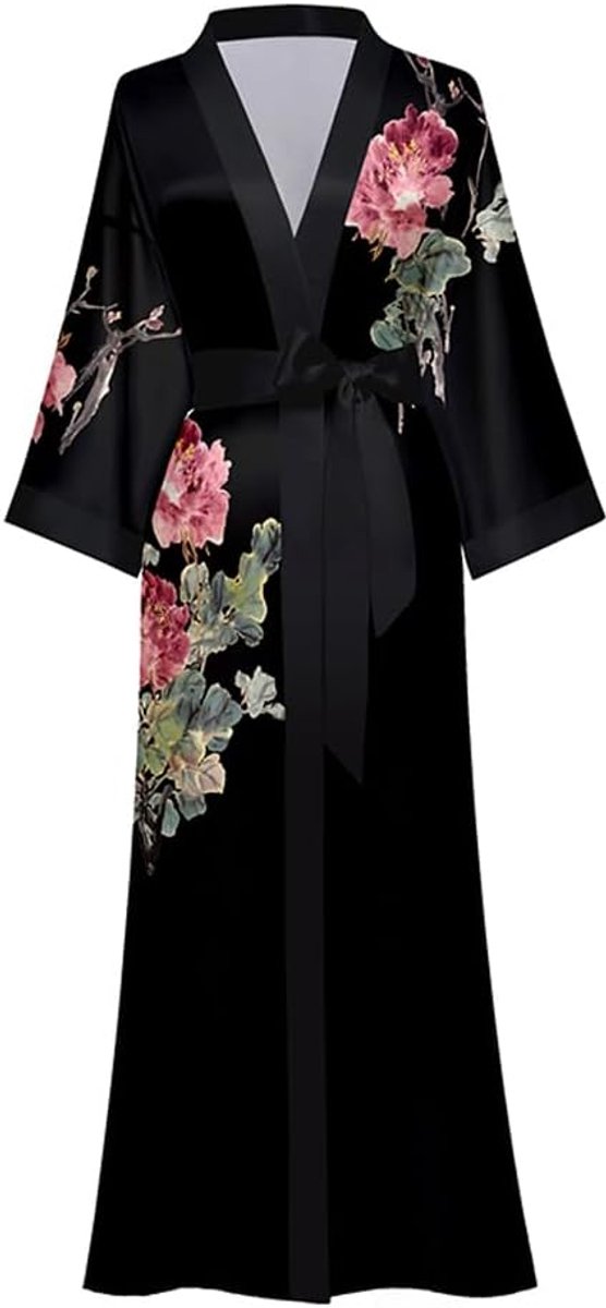 Lange satijnen kimono, zijdeachtige badjas met bloemen, ochtendjas voor bruidsmeisje, One Size | Satijnen nachtkleding zijdeachtige badjas Bachelorette badjas (Beige - Lotus)