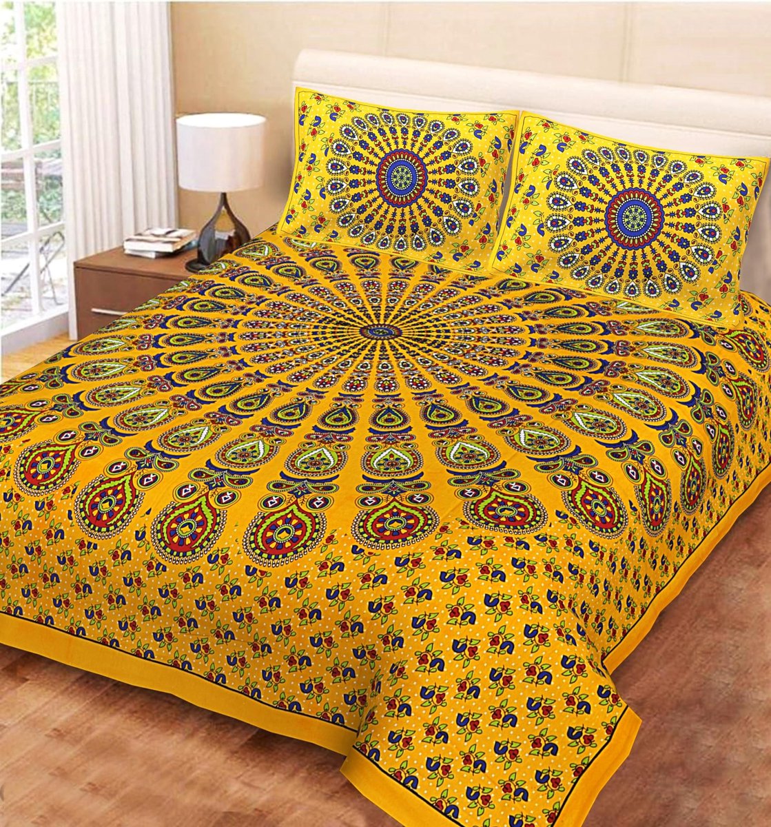 Elzusha - Traditioneel Geprint Bedlaken voor Tweepersoonsbed met 2 Kussenslopen - Multicolor