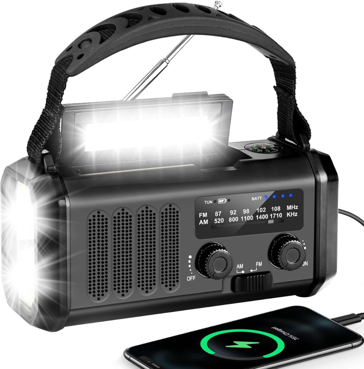 Ploutos® Radio - Draagbare Radio met Zaklamp & Powerbank - Noodradio op Batterijen & Zonne-energie - Zwart - 17cm x 5cm x 8cm