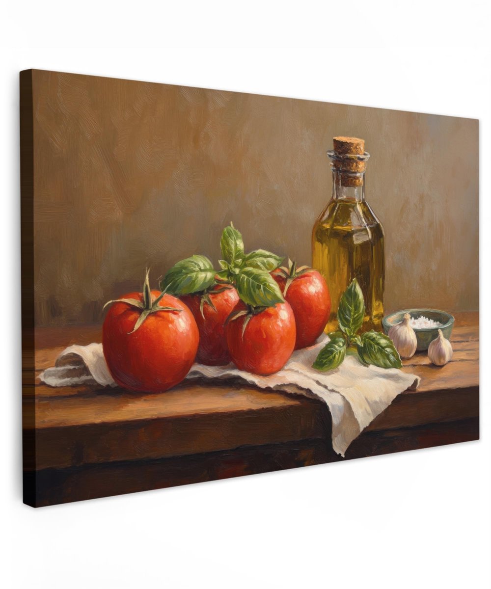Elzusha - Canvas Schilderij 120x80cm Wanddecoratie Stilleven Tomaten - Olijfolie