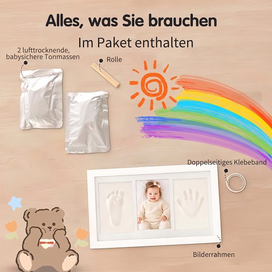 Baby Handafdruk Voetafdruk Herinneringslijst-35x18-Wit Fotolijst Met Witte Klei-Pasgeboren Baby Mijlpaal Herinnering -Kraamcadeau Maandfeest Decoratie — afbeelding 2