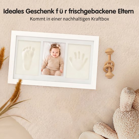 Baby Handafdruk Voetafdruk Herinneringslijst-35x18-Wit Fotolijst Met Witte Klei-Pasgeboren Baby Mijlpaal Herinnering -Kraamcadeau Maandfeest Decoratie — afbeelding 5
