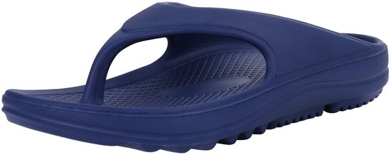 Marineblauwe OLANLY teenslipper met ergonomisch voetbed, van de zijkant.