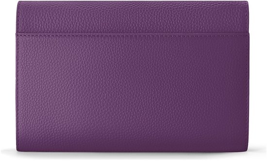 Paarse leren clutch, achterkant.