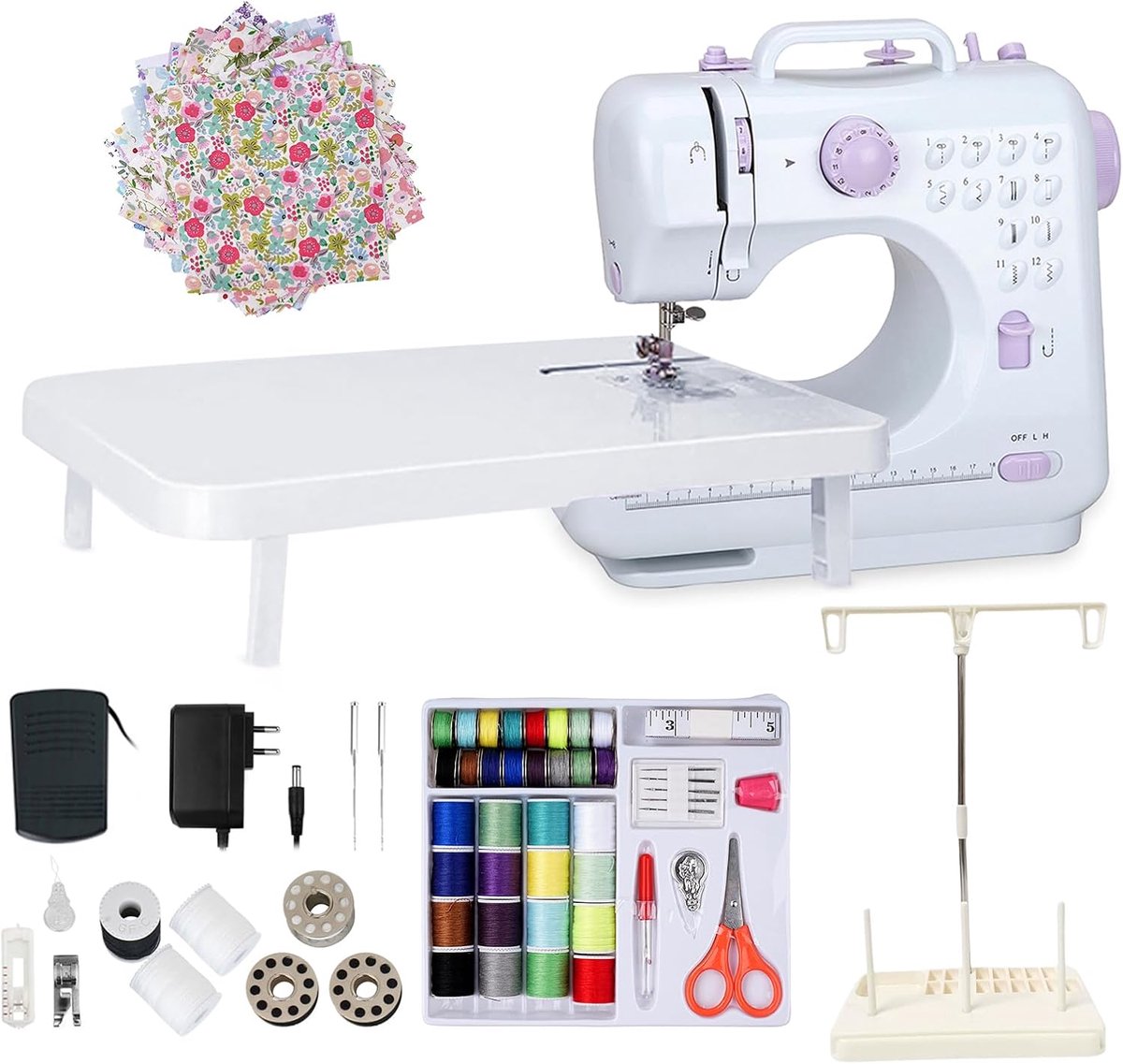 505A Mini-naaimachine voor beginners met 12 steken, 42-delige naaiset en 25 patchwork-onderdelen, garenrol, elektrische naaimachines, geschikt voor jeans, voor kledingreparaties in het