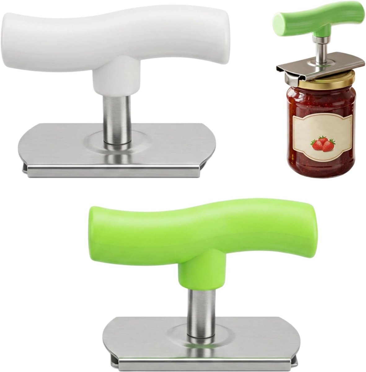 Handmatige flesopener, 2 stuks, verstelbaar, multifunctioneel, flesopener van roestvrij staal, voor zwakke handen, artritis en ouderen, groen en wit