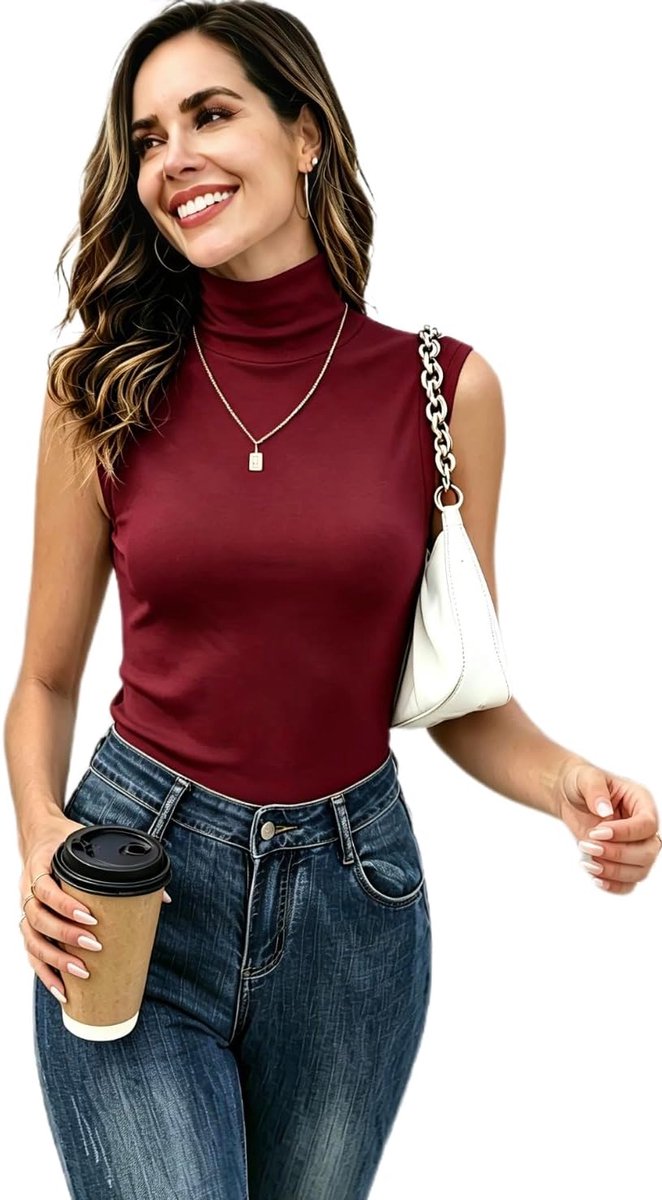 Top voor dames, elegant rolkraagshirt zonder mouwen, dun, licht, rekbaar, basic jersey vest, slim fit
