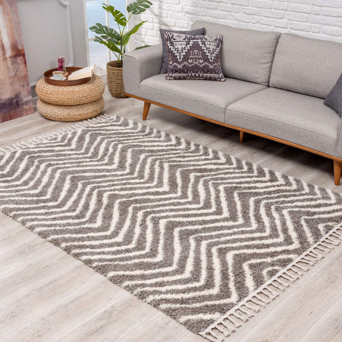 City Tapijt hoogpolig shaggy in grijs/wit super zacht met chevron patroon woonkamer slaapkamer afmeting 120/160 cm, 120 cm x 160 cm