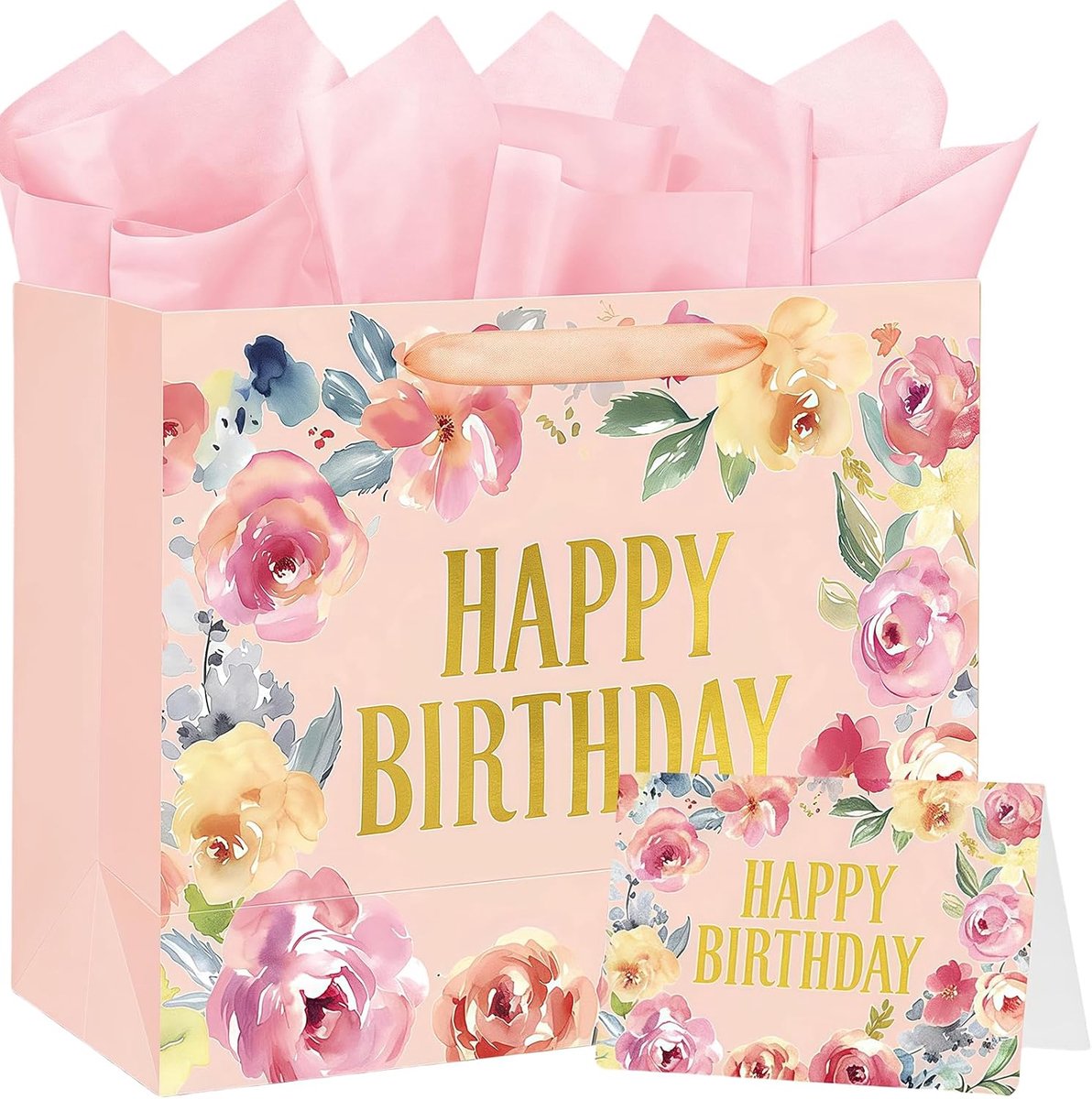 Bloemenverjaardagscadeau zakje met 2 tissuepapieren en wenskaart, medium cadeautas met handgrepen, 30 x 12 x 26 cm roze geschenkzakje voor vrouwen, meisjes verjaardagscadeau
