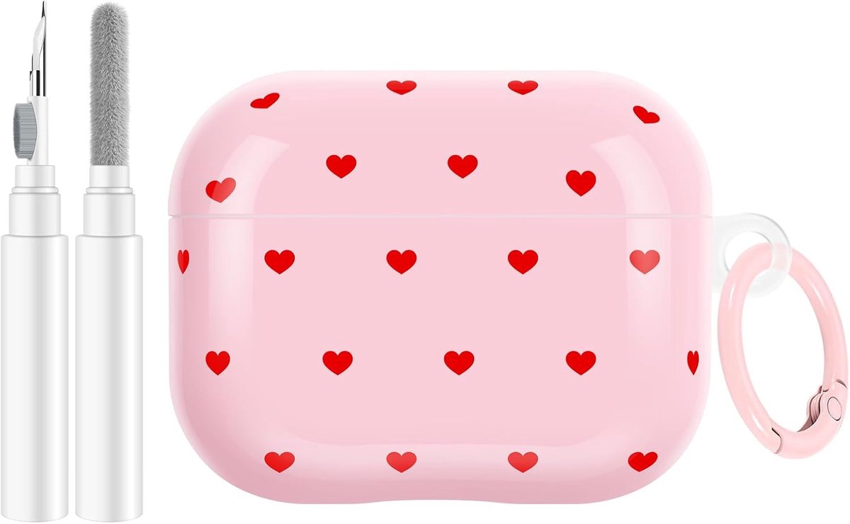 Hoesje voor AirPods Pro 3 met reinigingsset, schattig liefdeshart patroon hoesje met sleutelhanger ring voor meisjes vrouwen zachte TPU schokbestendige beschermhoes voor Airpods Pro 3e