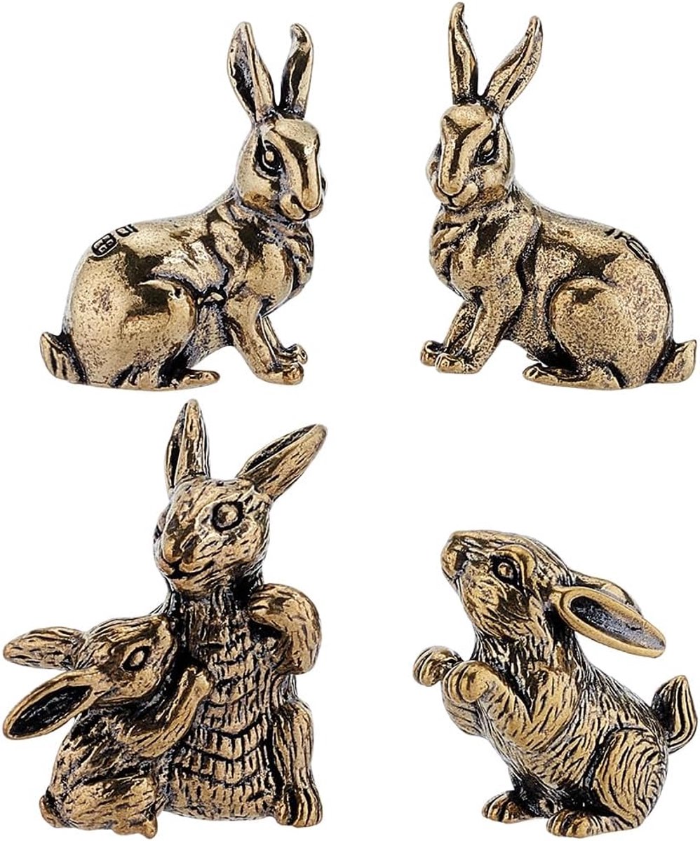 4 Stks Kleine Messing Konijn Beeldjes Vintage Gouden Feng Shui Standbeeld Decoratief Messing Dier Ornament Standbeeld Decor Desktop Ornament voor Kantoor Thuis