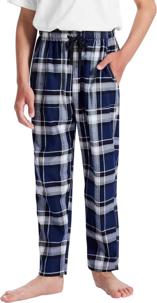 Lange pyjamabroek voor kinderen, jongens, katoen, geruit, warm, met zakken, 7-18 jaar