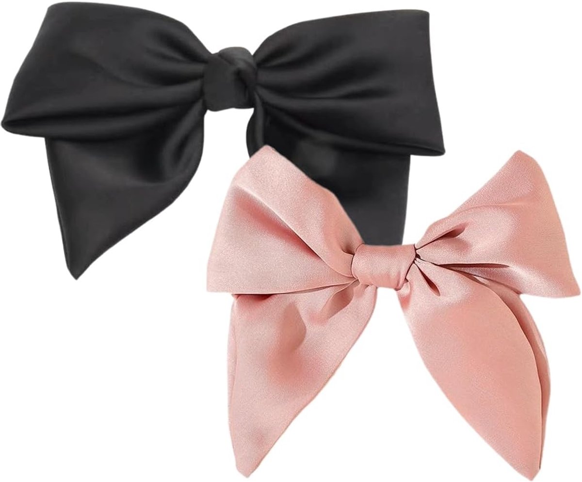 Haarspelden met strik, 2 stuks, damesstijl, Franse stof, elegante satijnen haaraccessoires, zwart en roze