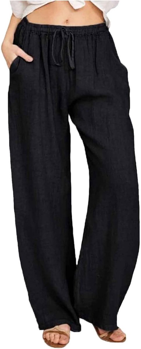 Zomerbroek voor dames, vrijetijdsbroek, lang, licht, katoen, linnen broek, casual, wijde broek, casual, zomer, strandbroek, effen, met trekkoord, losse stoffen broek, elegante linnen broek