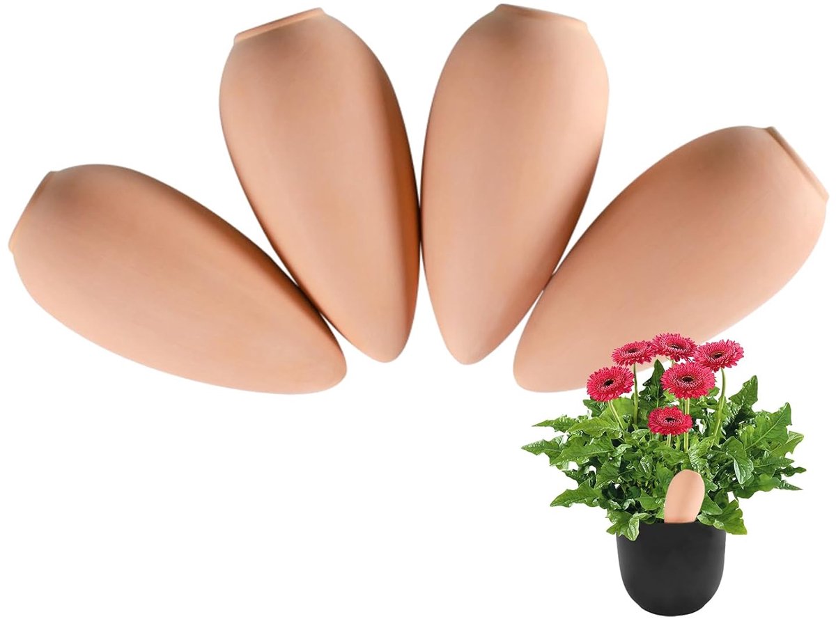 Set van 4 terracotta bewateringspikes, plantenbewateringsapparaten, wijnfles, automatische plant, zelfbewaterende spikes voor vakanties, zelfbewaterende palen voor binnen en buitenplanten