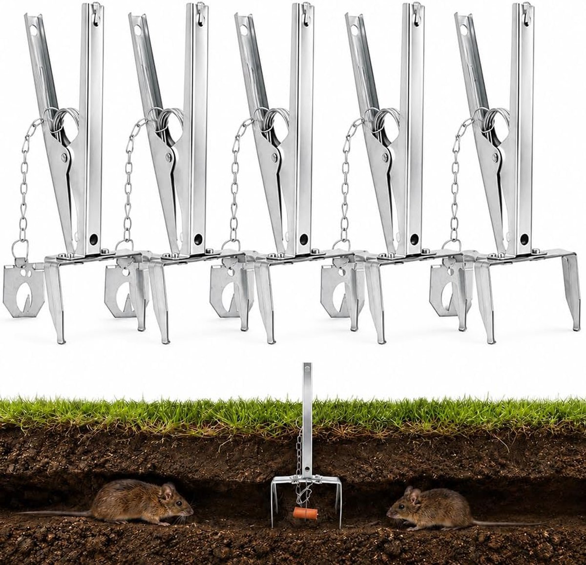 5 stuks woelmuizenval, effectieve en herbruikbare mollenval met ketting, dubbelzijdige vangmogelijkheid, corrosiebestendige woelmuizentang voor tuin en gazon