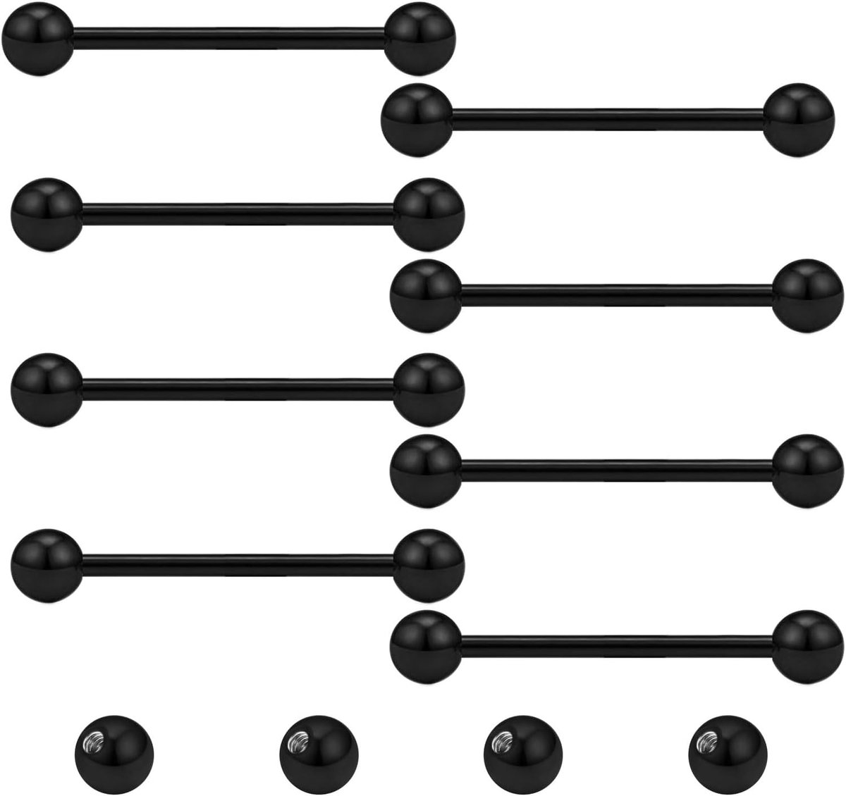 8 stuks tongtepelstangen en 4 stuks vervangende ballen 14G roestvrij staal metalen rechte barbell piercing sieraden zilver zwart 8/10/12/14/16/18/20mm