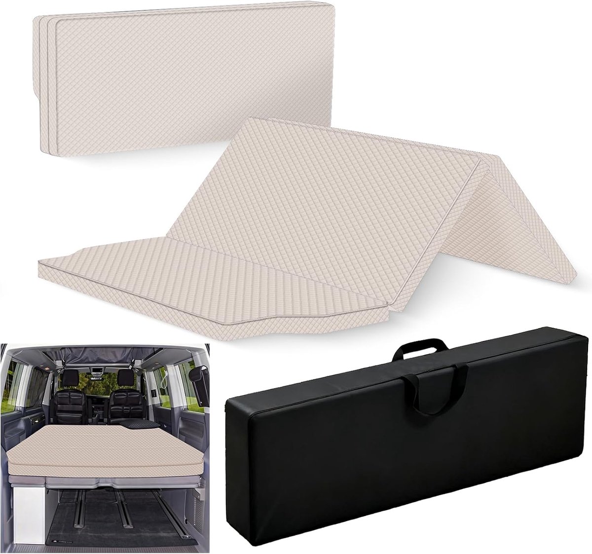 Koele, comfortabele stoffen automatras om op te vouwen, compatibel met VW T32 T4 T5 T6 T6.1 T7 Multivan California Beach Caravelle Transporter afmetingen: 186 x 148 x 8 cm camper accessoires