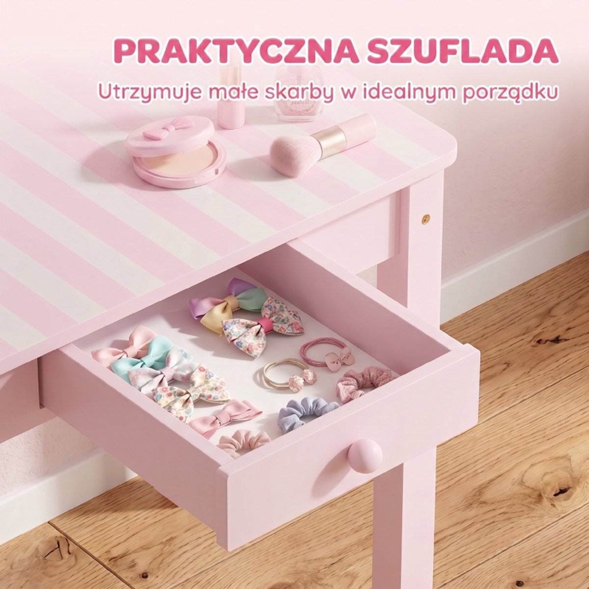 COVREO Kinder schminktisch set met hocker, 55x34x82 cm roze hout, 2-in-1